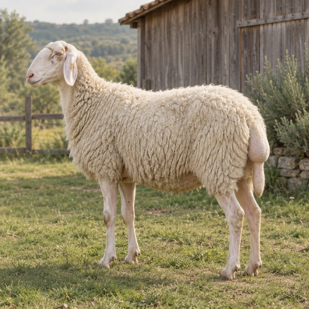 Illustration eines weißen Laticauda Schafes mit tief angesetzten Ohren und breitem Fettschwanz, das auf Gras neben einem Stall steht.
