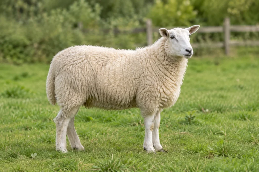 Ein weißes Schaf steht auf einer grünen Weide, im Hintergrund ist ein Zaun zu sehen.