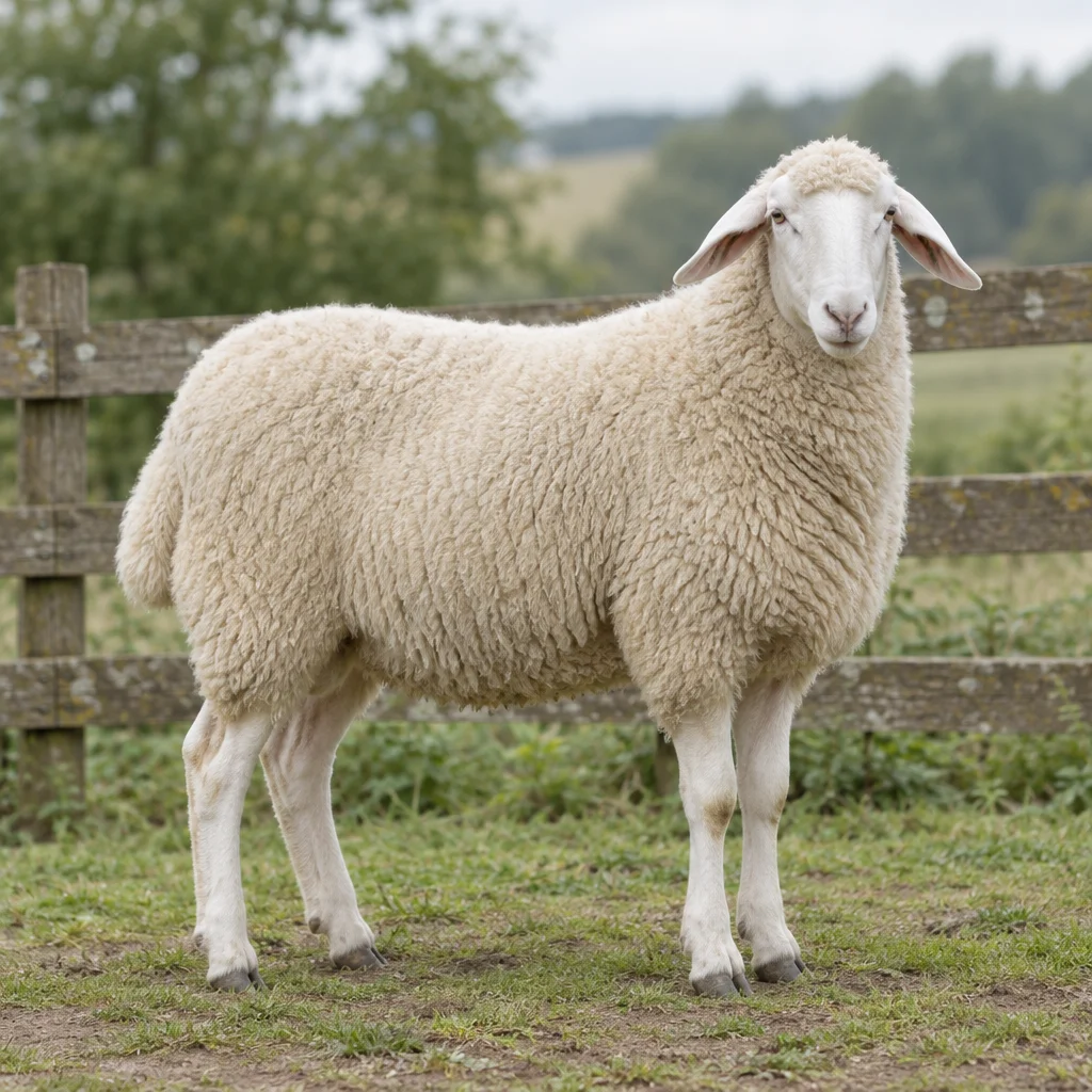 Weißes Schaf mit dichtem Vlies, einem hellen Wollschopf und breiten, leicht hängenden Ohren steht vor einem Holzzaun; alle vier Beine sind zu sehen.