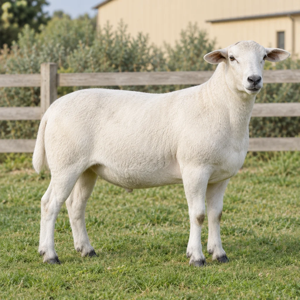 Ein weißes Schaf mit kurzem Fell, dunkler Nase und dunklen Hufen steht auf Gras vor einem Holzzaun.