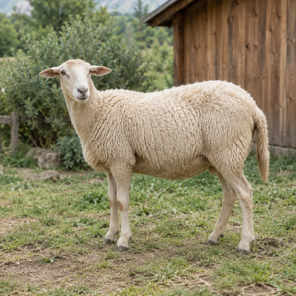 Illustration eines hellen Schafs mit einem wollfreien Kopf und seitlich abstehenden Ohren, das auf Gras bei einem Holzschuppen steht.