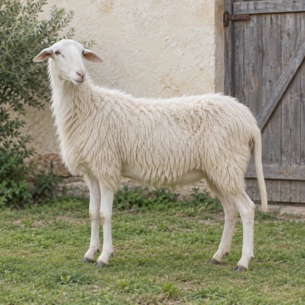 Illustration eines weißen Schafes mit lockerem Wollkleid, seitlich abstehenden Ohren und langem Schwanz, das auf Gras vor einer hölzernen Stalltür steht.