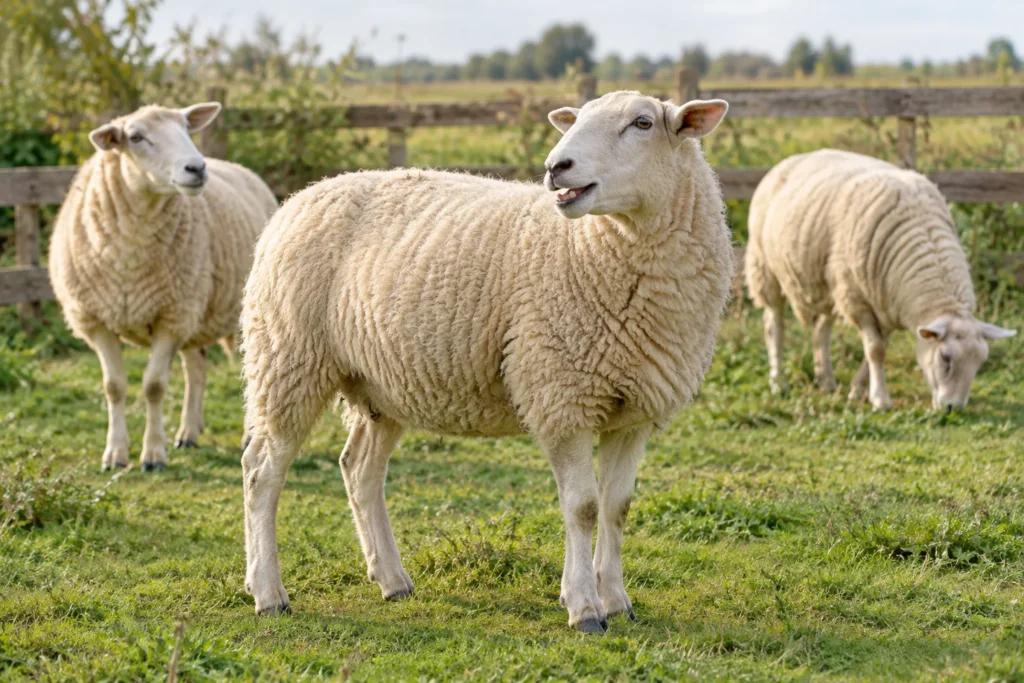 Ein weißes Schaf steht mit geöffnetem Maul auf einer Weide, zwei weitere Schafe stehen an einem Holzzaun.
