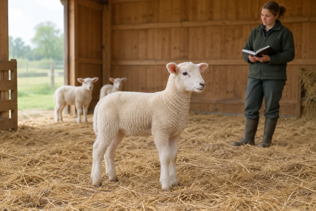 Ein weißes Lamm steht auf Stroh in einem Holzstall. Hinter dem Lamm stehen zwei weitere Lämmer; eine Frau hält ein aufgeschlagenes Notizbuch in der Hand.