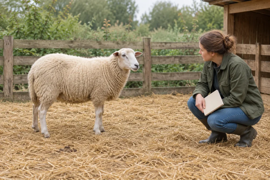 Ein Schaf steht auf Stroh in einer hölzernen Umzäunung. Eine hockende Frau schaut das Tier an und hält ein geschlossenes Notizbuch. Im Vordergrund liegen einige Kotkügelchen.