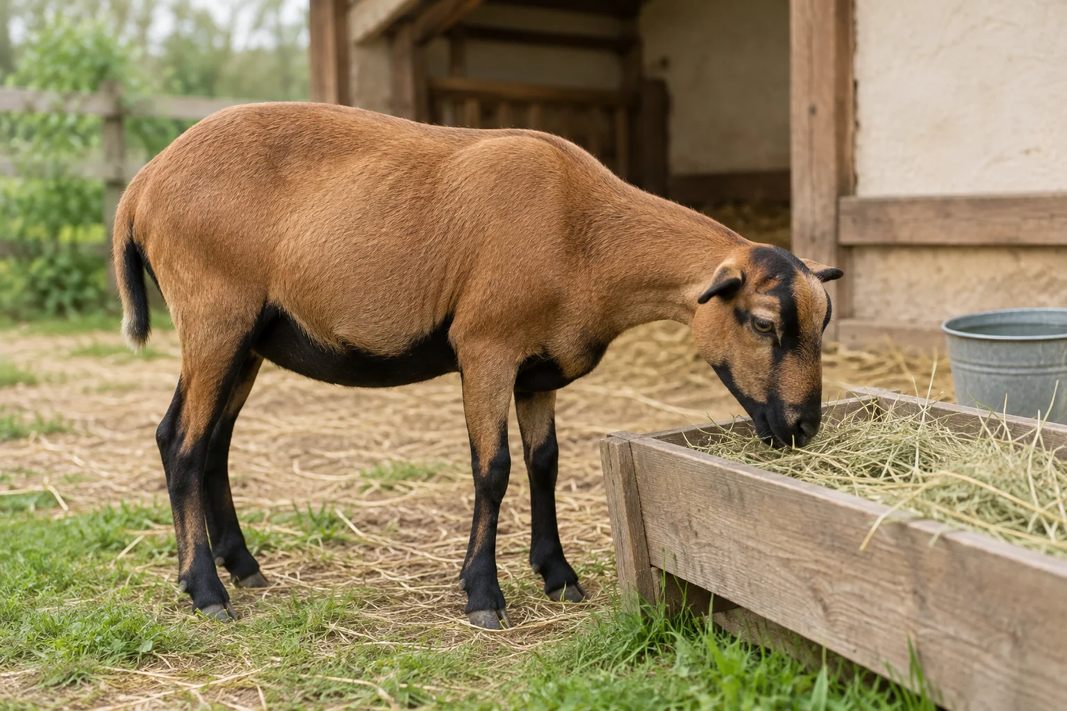 Ein braunes Schaf mit dunklem Kopf, Bauch und Beinen steht an einem hölzernen Futtertrog mit Heu. Hinter dem Futtertrog steht ein Wassereimer.
