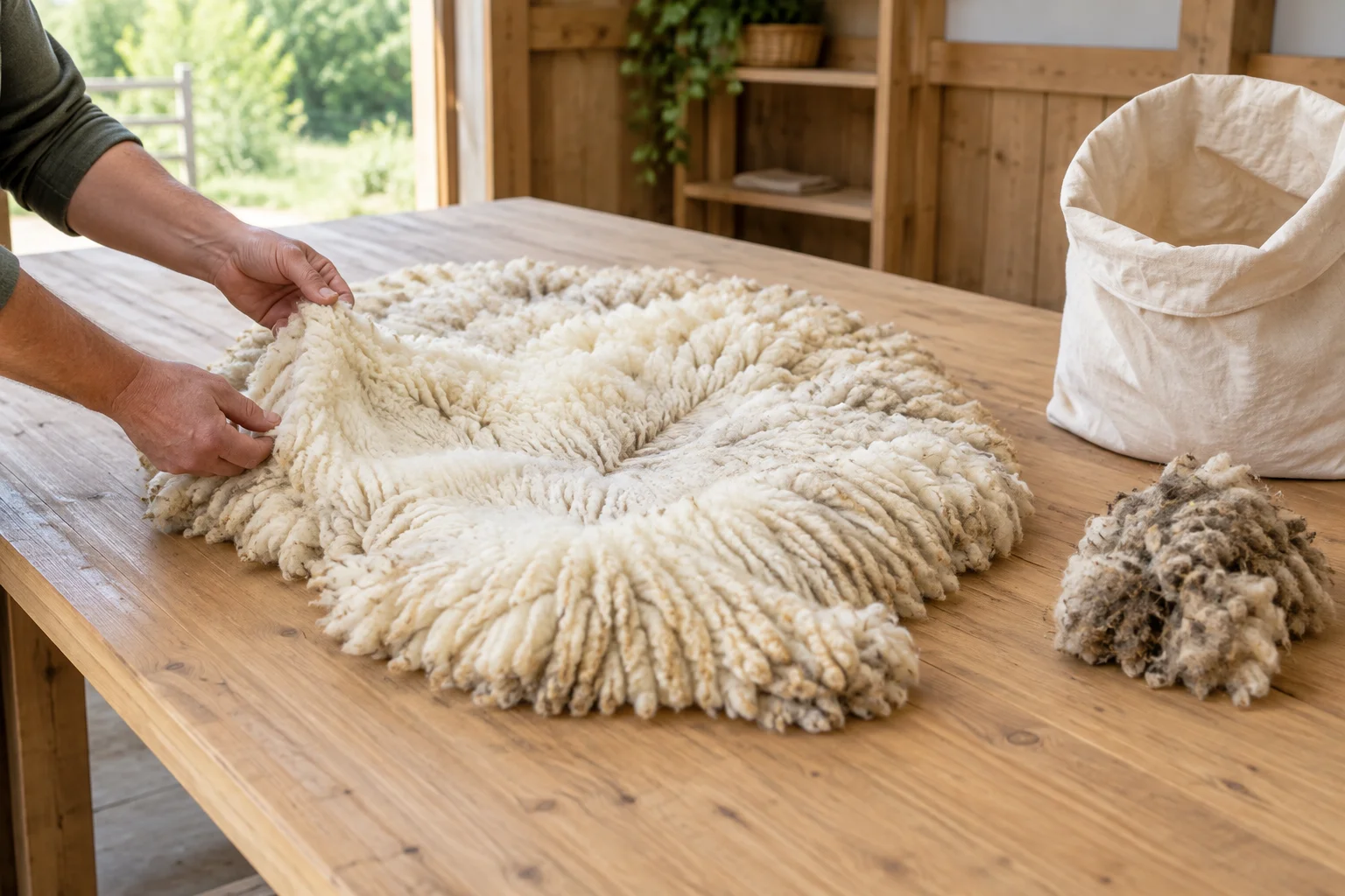 Hände begutachten ein helles Schafvlies auf einem Holztisch. Daneben liegen ein dunkles Wollbüschel und ein offener Stoffbeutel.