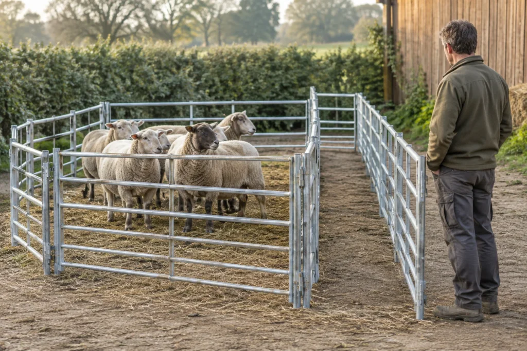 Eine Gruppe Schafe steht zwischen Metallgittern auf einem Hof. Neben dem Bereich verläuft ein leerer Durchgang; eine Person steht außerhalb der Gitter.