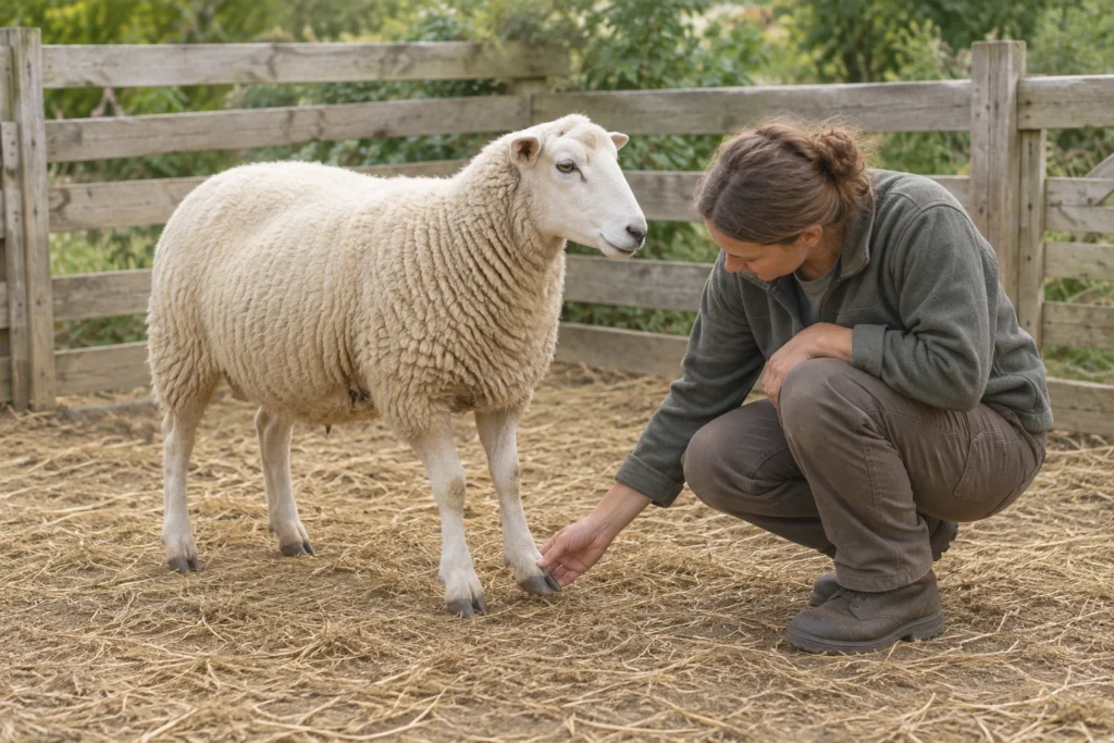 Ein Schaf steht in einem mit Stroh bedeckten Gehege, während eine hockende Betreuungsperson einen Vorderhuf betrachtet.
