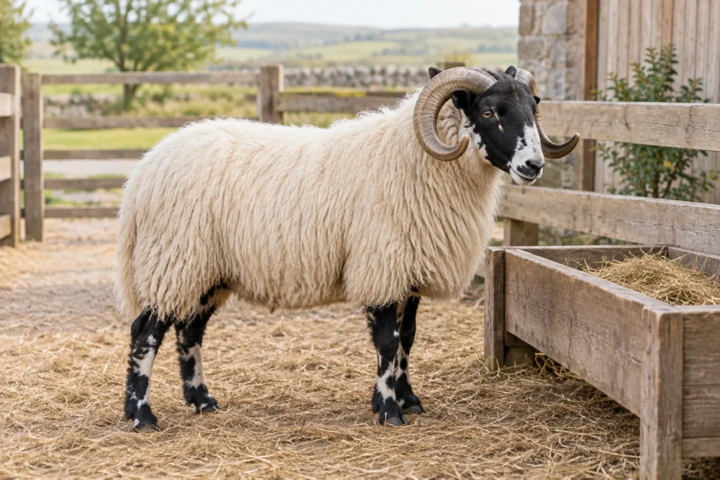 Ein Schaf mit weißem Fell, schwarzem Gesicht und gekrümmten Hörnern steht auf Stroh neben einem hölzernen Futtertrog mit Heu.