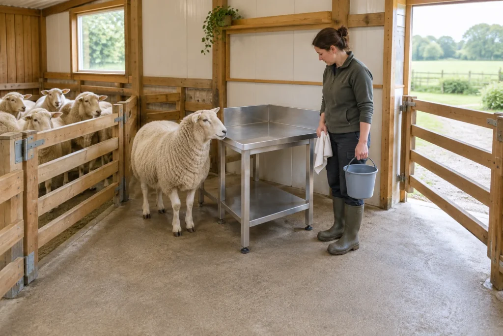 Illustration einer Frau mit einem Eimer und einem Tuch neben einem Arbeitstisch in einem Schafstall. Ein Schaf steht am Tisch, weitere Schafe stehen hinter einem Gatter.