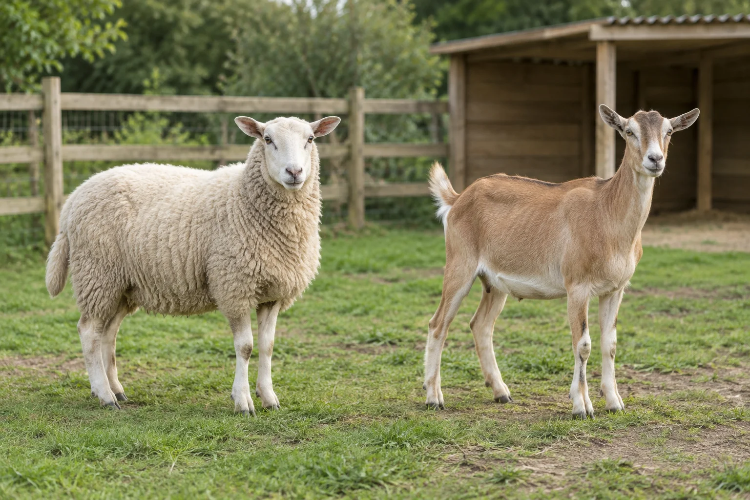 Ein weißes Schaf und eine braune Ziege stehen nebeneinander auf Gras, im Hintergrund sind ein Holzzaun und ein Unterstand zu sehen.