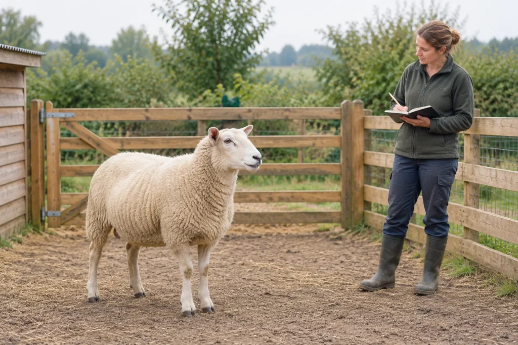 Ein Schaf steht in einer Holzeinfriedung, während eine Frau daneben in ein Notizbuch schreibt.