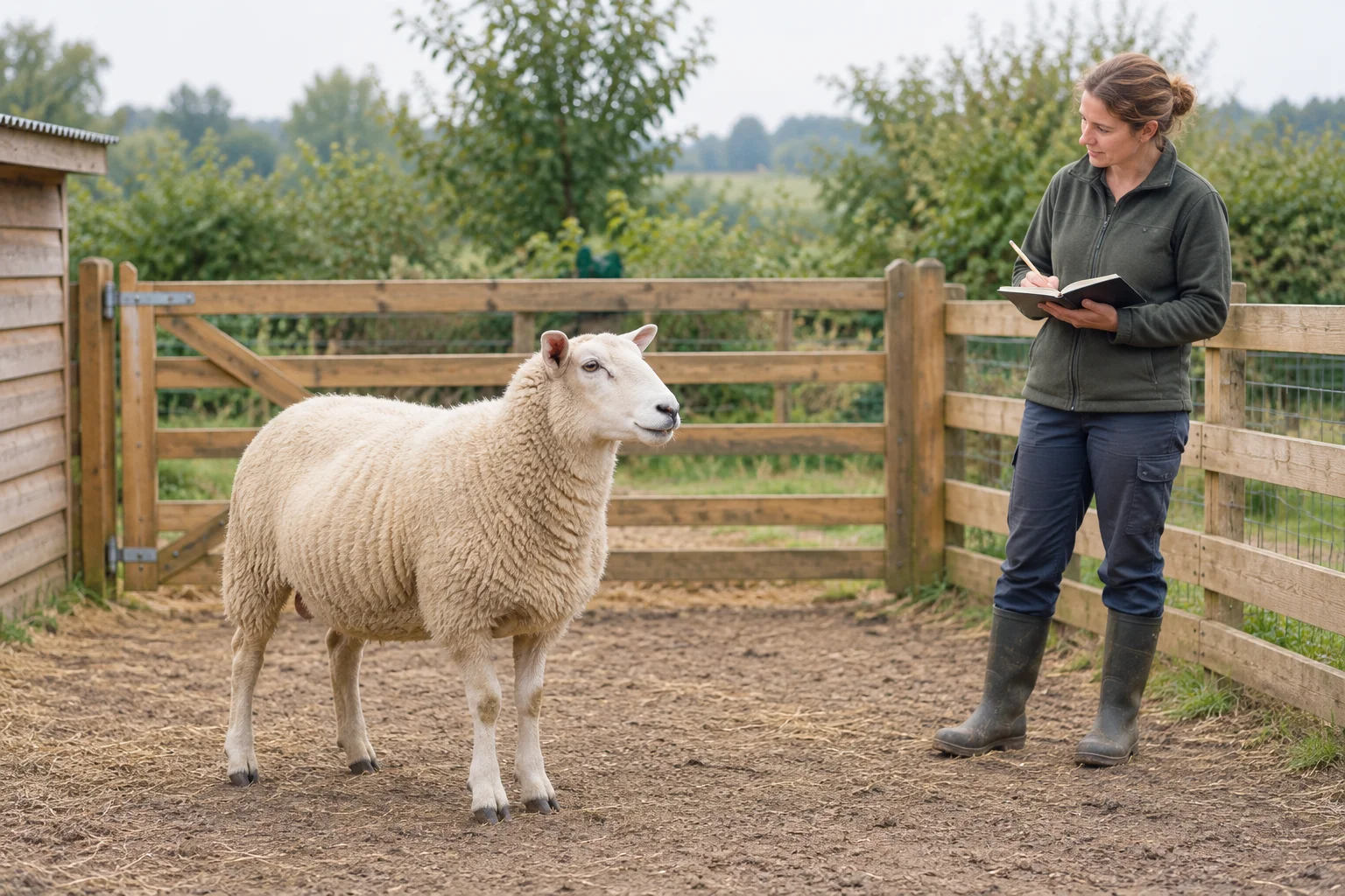 Ein Schaf steht in einer Holzeinfriedung, während eine Frau daneben in ein Notizbuch schreibt.
