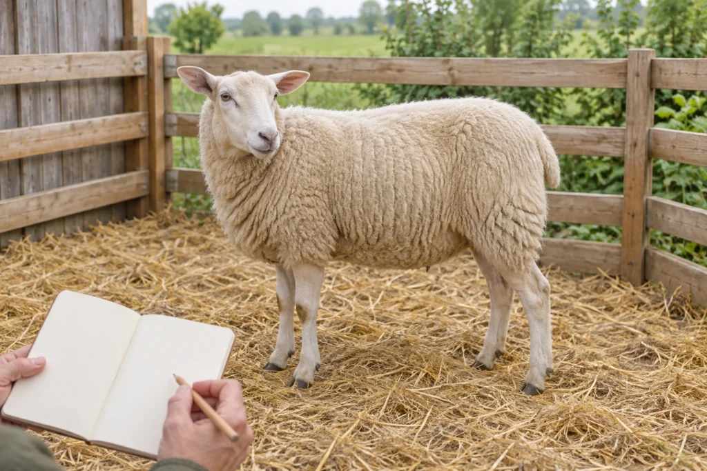 Ein Schaf mit hellem Wollfell steht auf Stroh in einer hölzernen Umzäunung. Im Vordergrund hält jemand ein leeres Notizbuch und einen Bleistift.