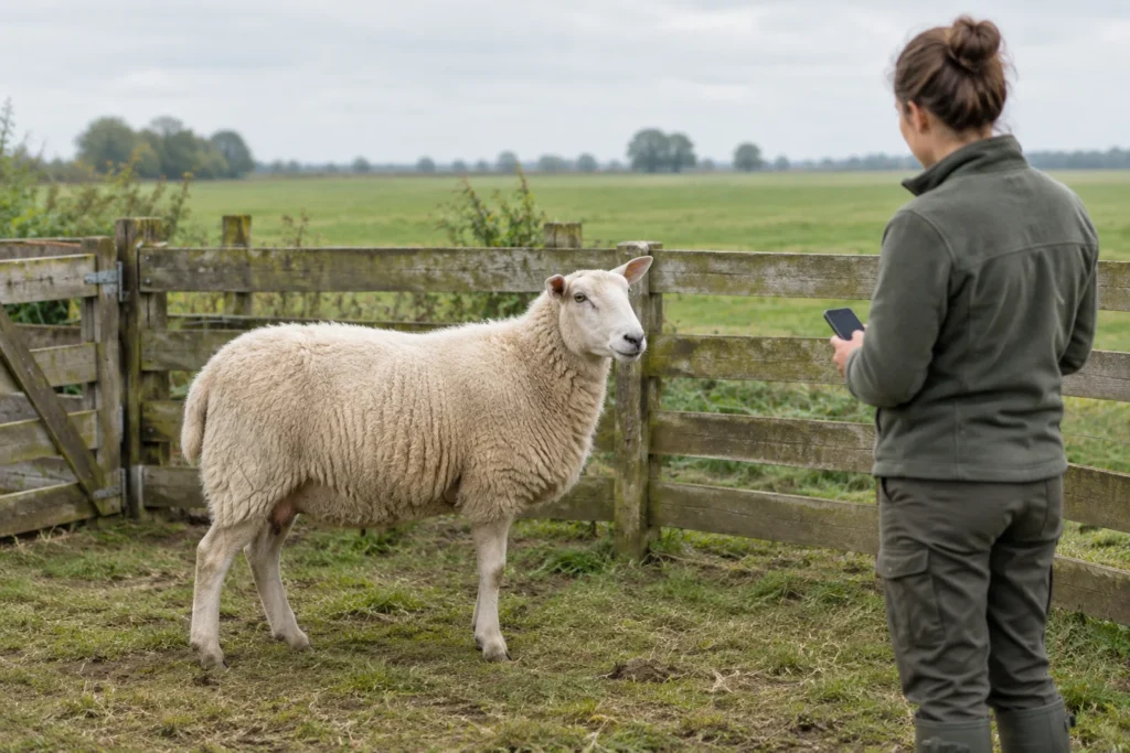 Ein wolliges Schaf steht in einem Holzgehege, während eine Frau in einiger Entfernung mit einem Telefon in der Hand zu dem Tier schaut.