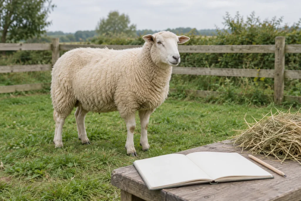 Weißes Schaf auf einer Grasweide an einem Holzzaun, im Vordergrund ein leeres Notizbuch, ein Bleistift und Heu auf einem Holztisch.