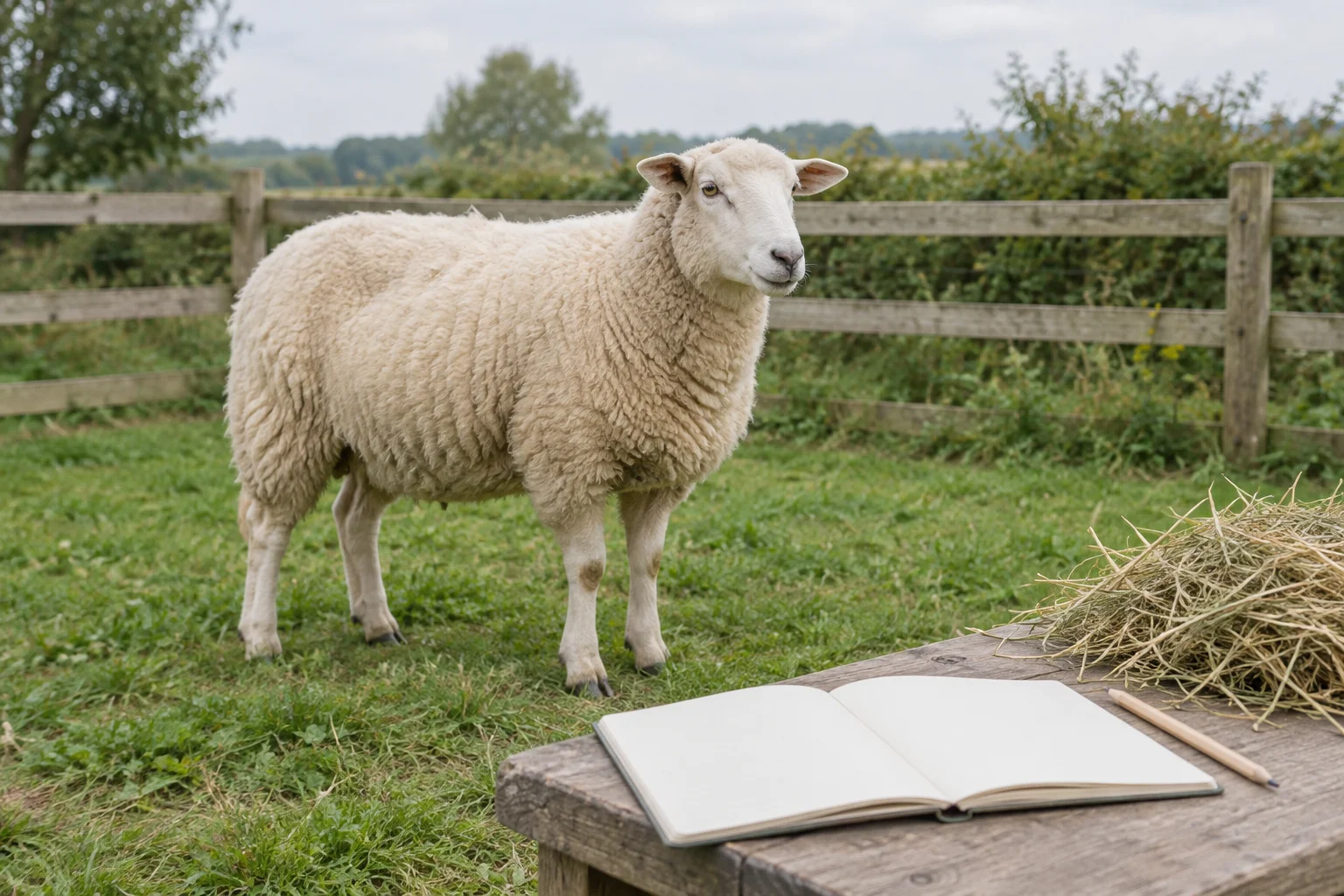 Weißes Schaf auf einer Grasweide an einem Holzzaun, im Vordergrund ein leeres Notizbuch, ein Bleistift und Heu auf einem Holztisch.