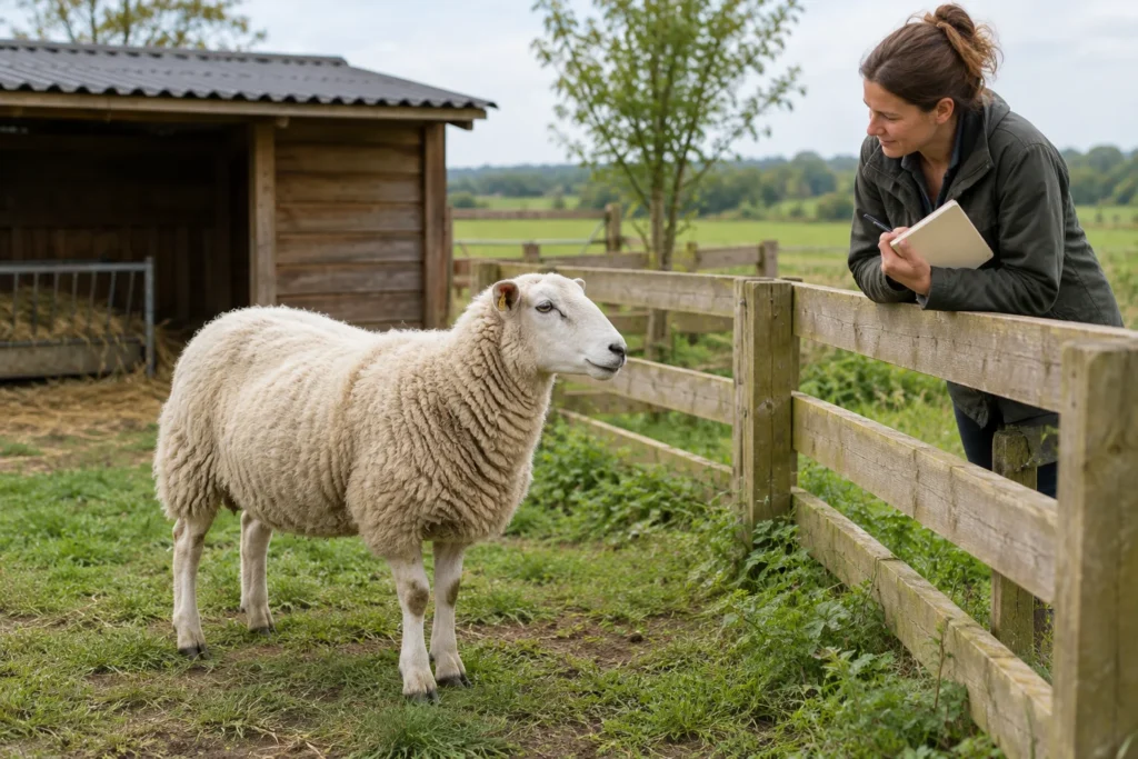 Ein Schaf mit einer Ohrmarke steht an einem Holzzaun. Eine Frau blickt auf das Schaf und hält ein Notizbuch und einen Stift in der Hand.