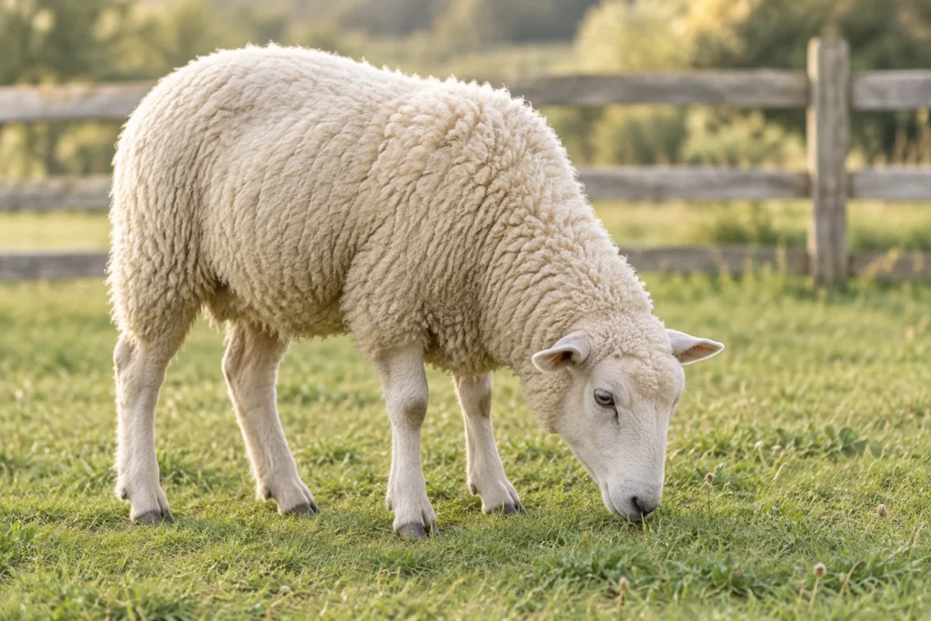Ein weißes Schaf grast mit gesenktem Kopf auf einer grünen Weide.