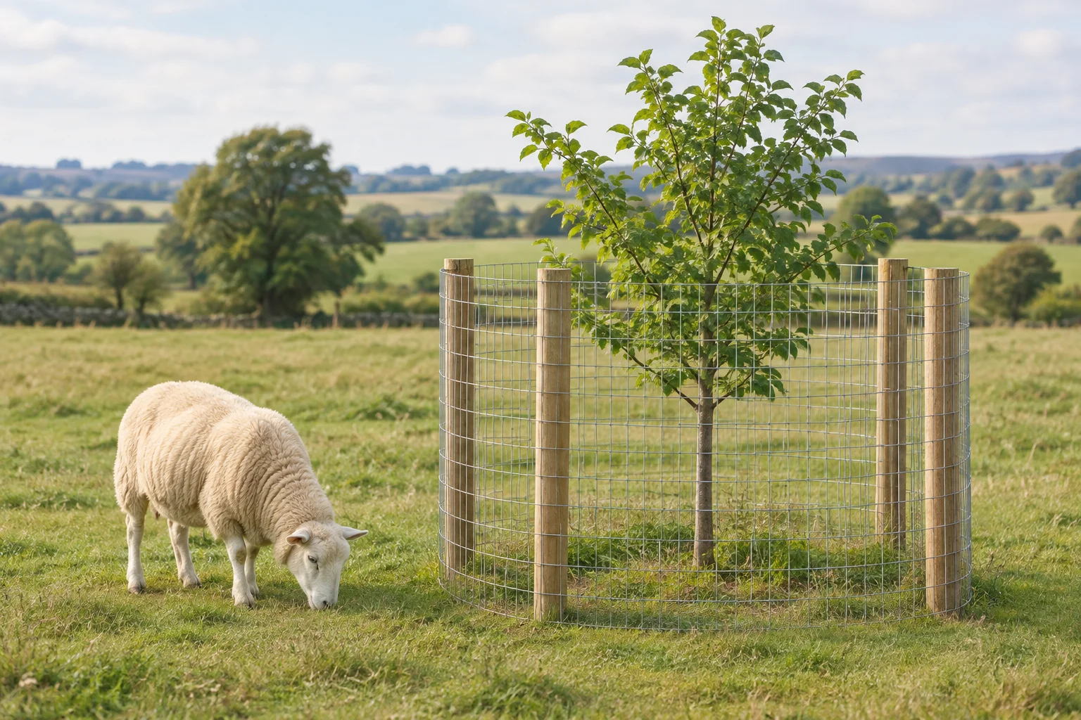 Ein Schaf weidet neben einem jungen Baum, der in einer runden Umzäunung aus Drahtgeflecht und Holzpfosten steht.