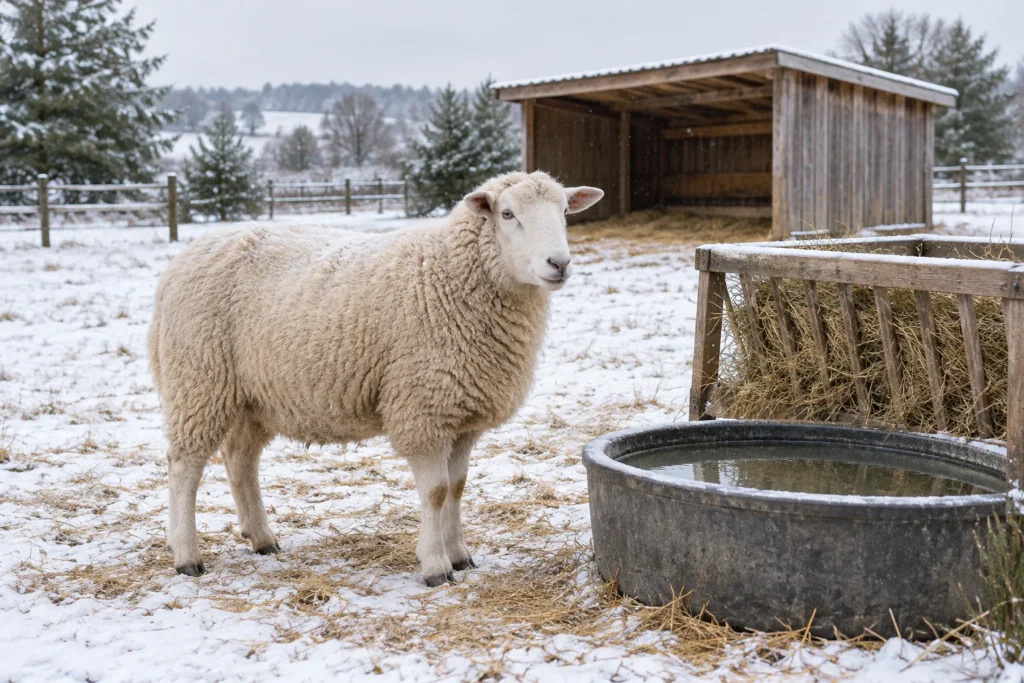 Ein weißes Schaf steht auf einer verschneiten Weide neben einem Wasserbehälter und einer Heuraufe. Im Hintergrund steht ein hölzerner Unterstand.