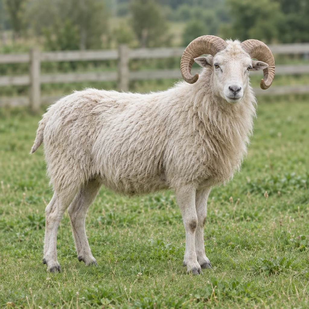 Ein weißes Schaf mit großen, gebogenen Hörnern steht mit allen vier sichtbaren Beinen auf einer Grasweide vor einem Holzzaun.