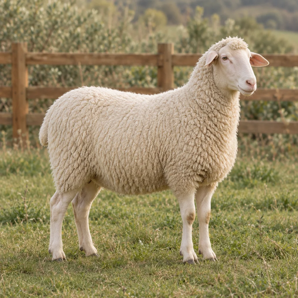 Ein weißes Schaf ohne Hörner steht mit allen vier sichtbaren Beinen auf einer Weide vor einem Holzzaun.