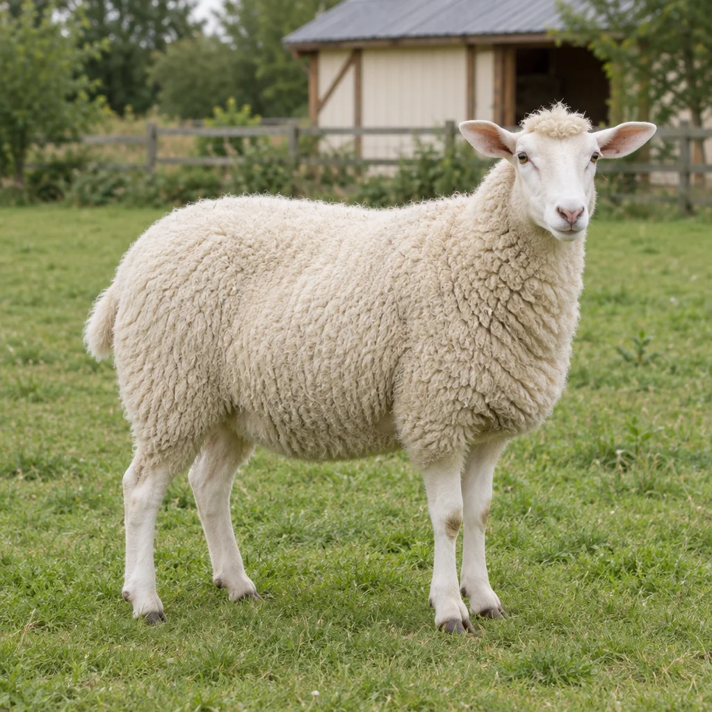 Ein weißes Schaf mit wolligem Stirnschopf steht auf Gras vor einem Unterstand aus Holz.