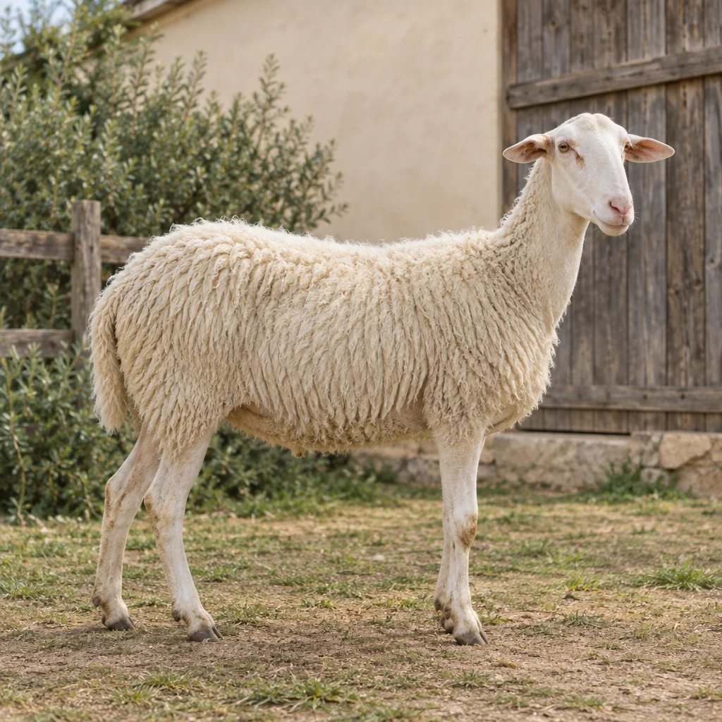 Ein weißes Schaf mit schmalem Kopf und hell gefärbten Augenrändern steht vor einem Holzschuppen. Alle vier Beine sind zu sehen.