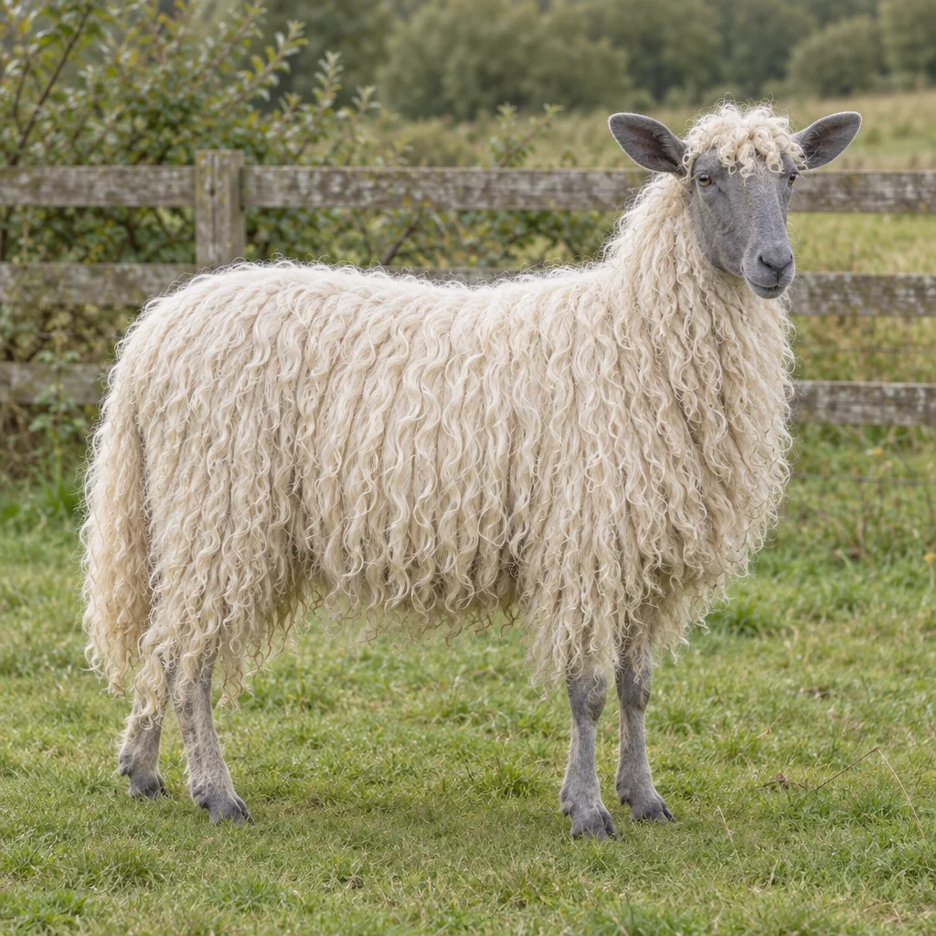 Ein Schaf mit langer, weißer, lockiger Wolle und blaugrauem Kopf und Ohren steht vollständig sichtbar auf Gras vor einem Holzzaun.