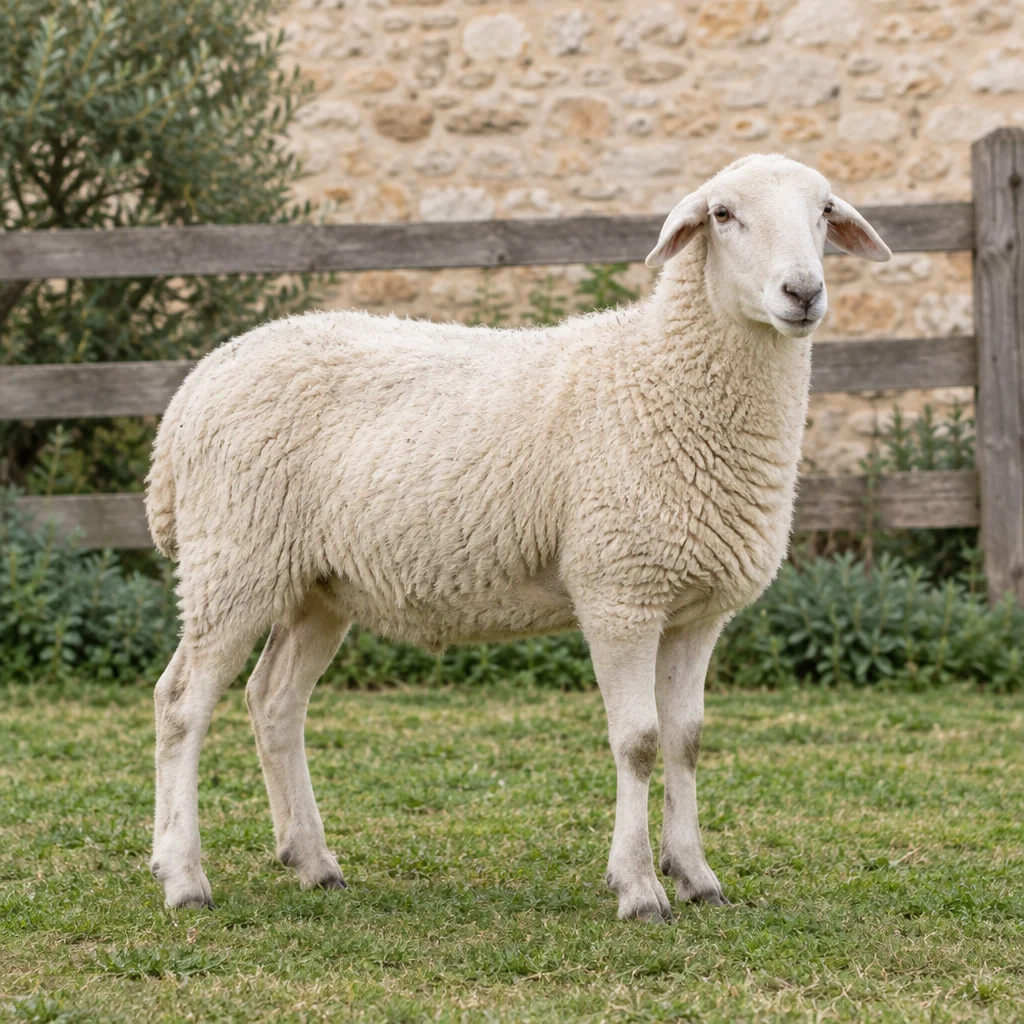Ein weißes Schaf ohne Hörner steht mit allen vier sichtbaren Beinen auf Gras, vor einem Holzzaun und einer Steinmauer.