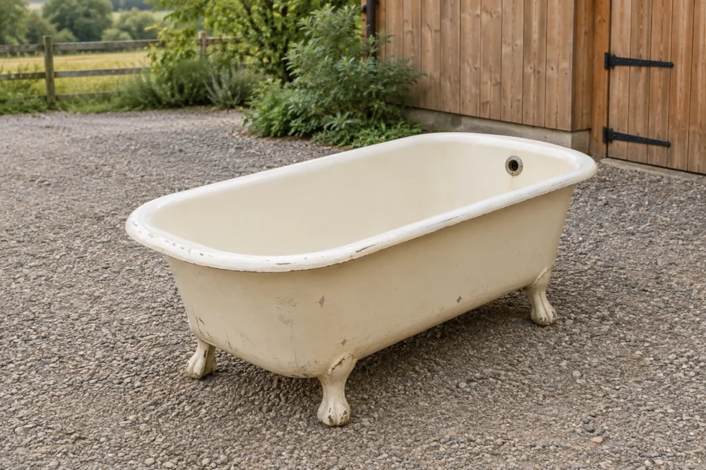Leere alte Badewanne auf einer Kiesfläche neben einer Holzscheune.
