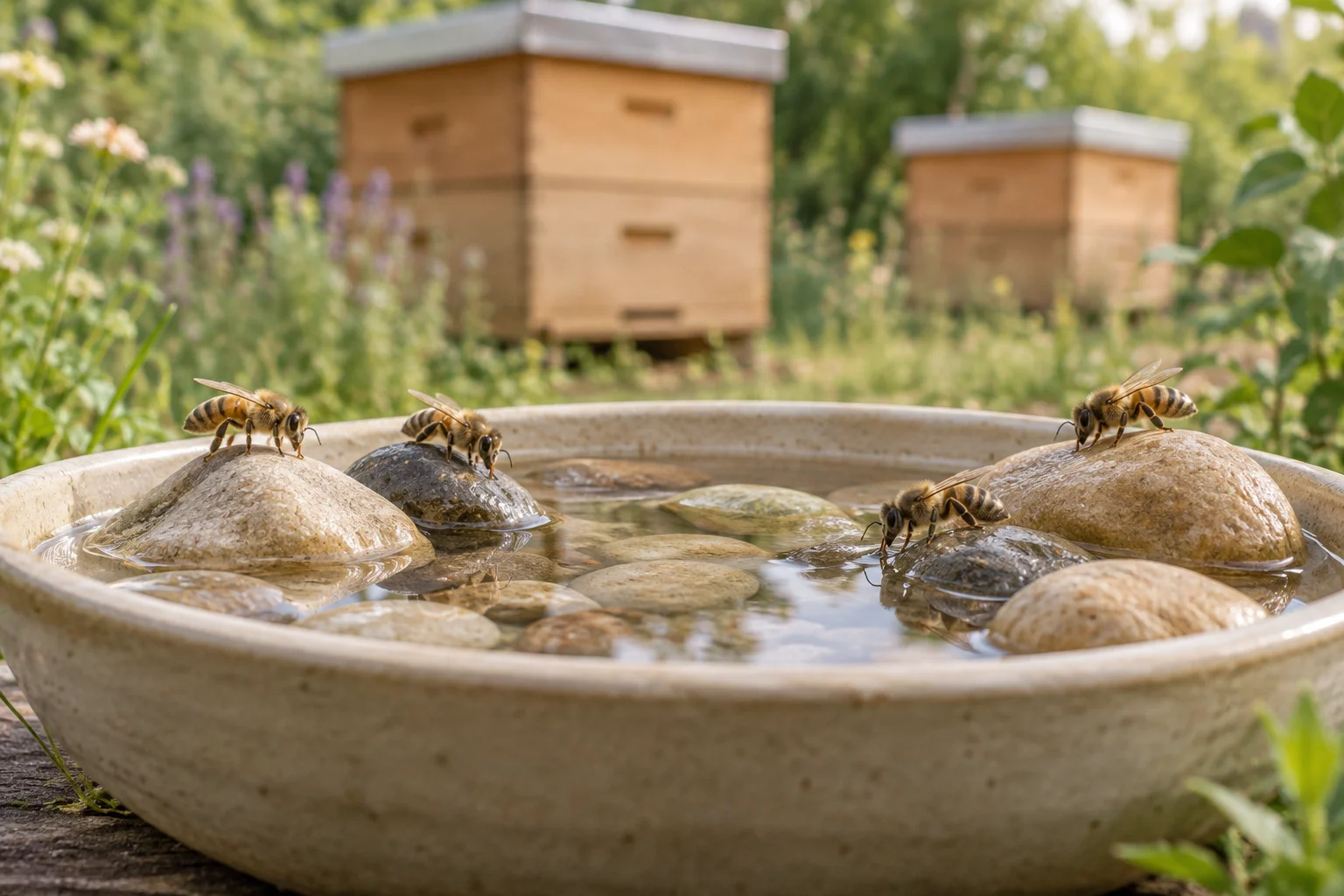Vier Honigbienen sitzen auf Steinen, die in einer flachen Schale aus dem Wasser ragen, im Hintergrund stehen Bienenstöcke.