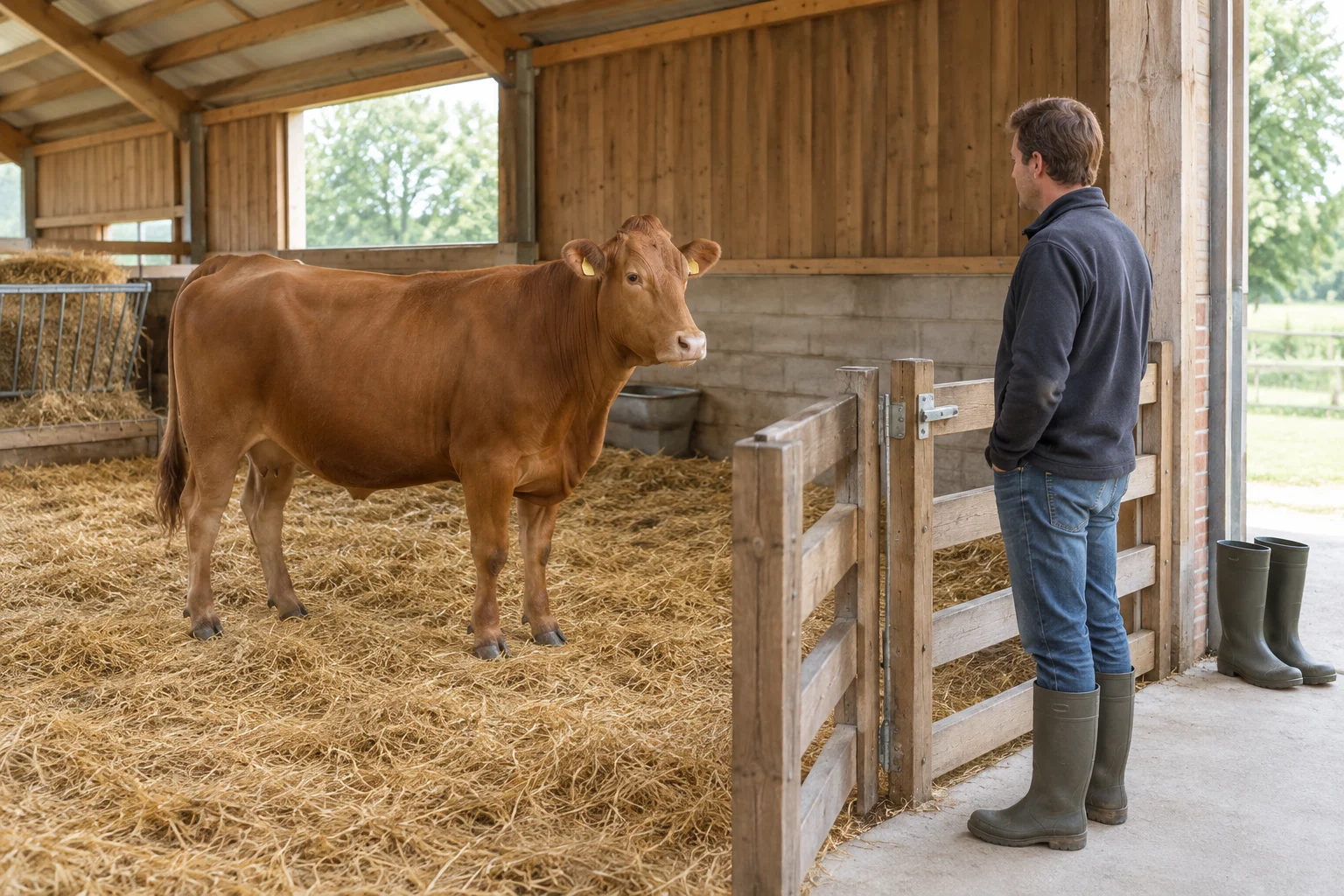 Ein braunes Rind steht auf Stroh in einem Stall, während ein Tierhalter es hinter einem Holzzaun betrachtet. Am Eingang steht ein Paar Stiefel.