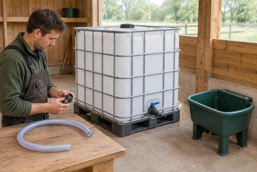Eine Person betrachtet einen losen Anschluss neben einem IBC Container. Auf der Werkbank liegt ein Schlauch; rechts steht ein einzelnes grünes Tränkebecken.
