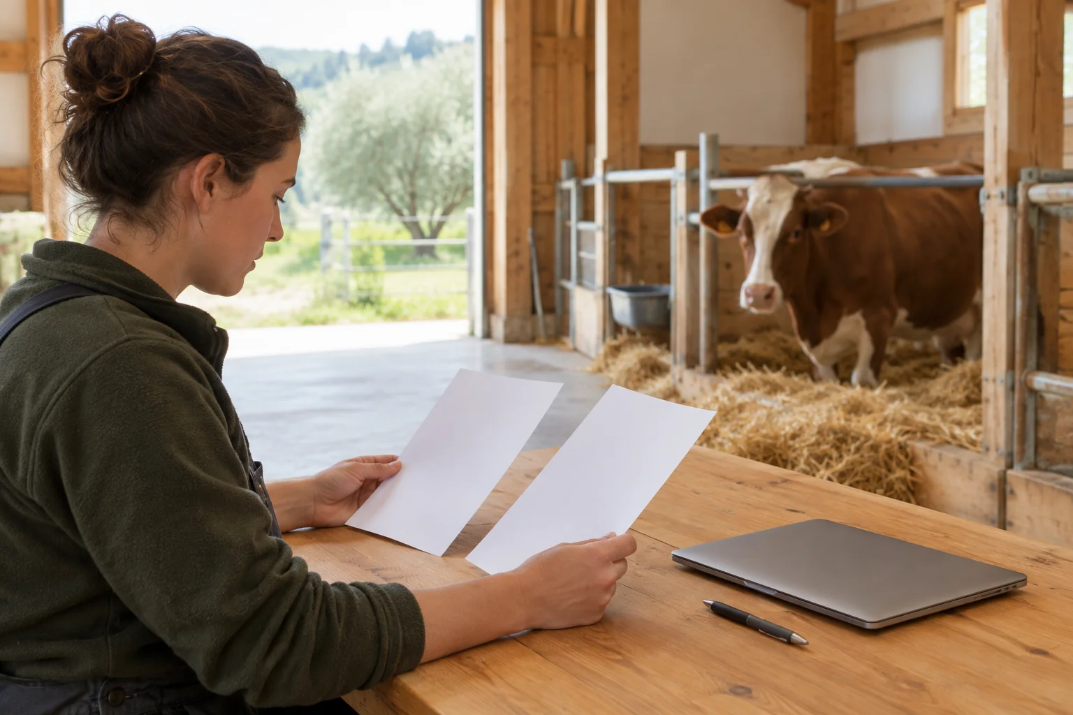Eine Frau betrachtet zwei leere Blätter Papier an einem Holztisch in einem Stall. Neben ihr liegen ein geschlossener Laptop und ein Stift; im Hintergrund steht eine Kuh.