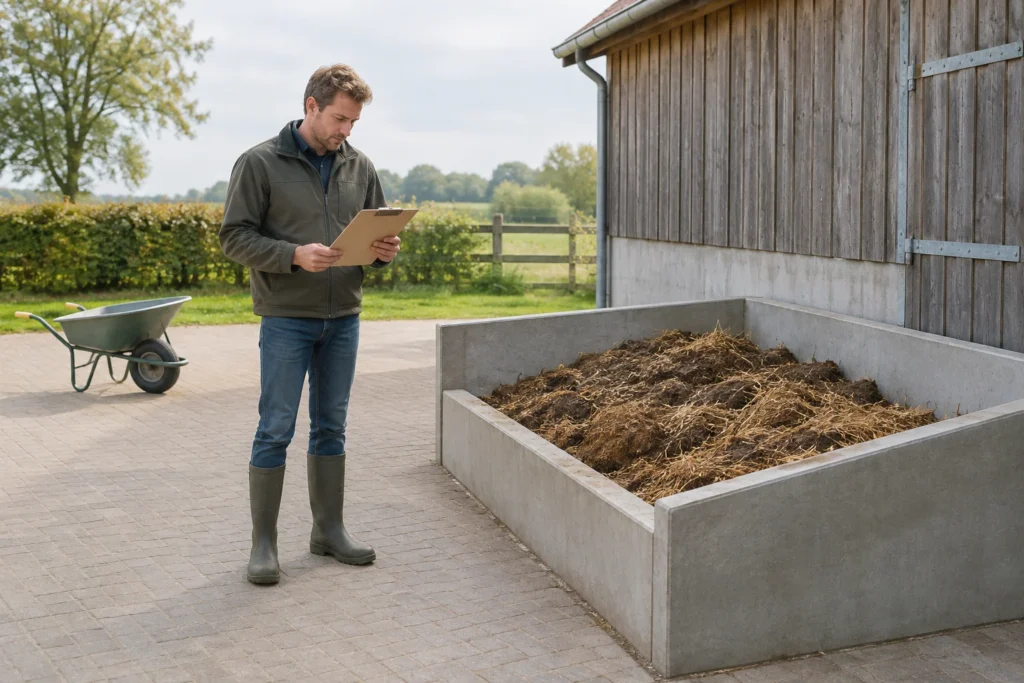 Ein Mann mit einem Klemmbrett steht auf einem Bauernhof neben einem Lagerbehälter aus Beton mit Stallmist und Stroh.