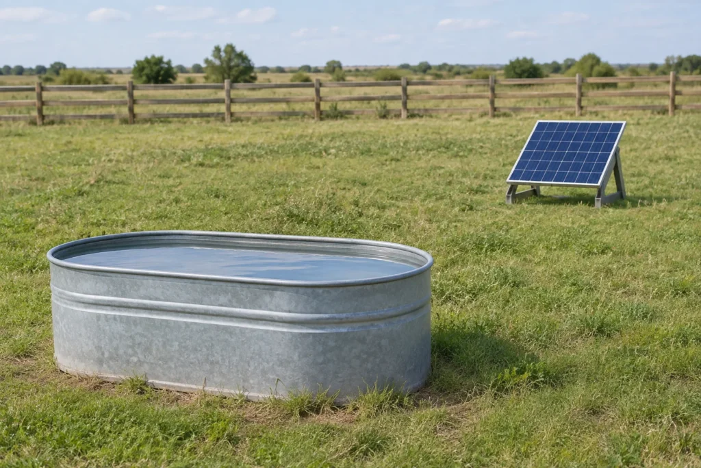 Illustration einer gefüllten Tränke aus Metall auf einer Weide, mit einem Solarmodul im Hintergrund.