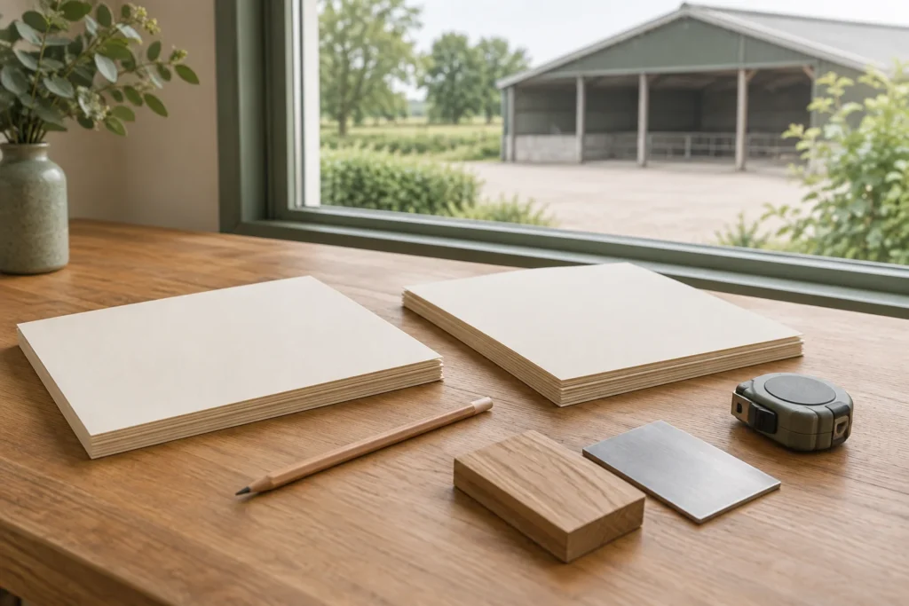 Zwei Stapel unbeschriebenes Papier, ein Bleistift, ein geschlossenes Maßband und Materialmuster liegen auf einem Holztisch. Durch das Fenster ist ein leeres Stallgebäude zu sehen.