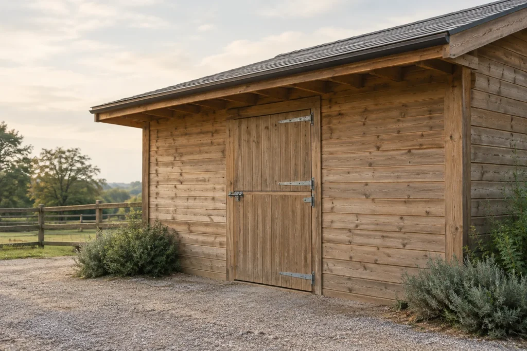 Illustration der Außenseite eines Pferdestalls aus Holz mit einer Stalltür und einem Kiesweg.