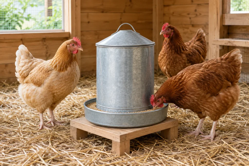 Drei erwachsene Hühner stehen an einem runden Futtertrog aus Metall in einem Stall mit Stroh; ein Huhn frisst aus dem Trog.