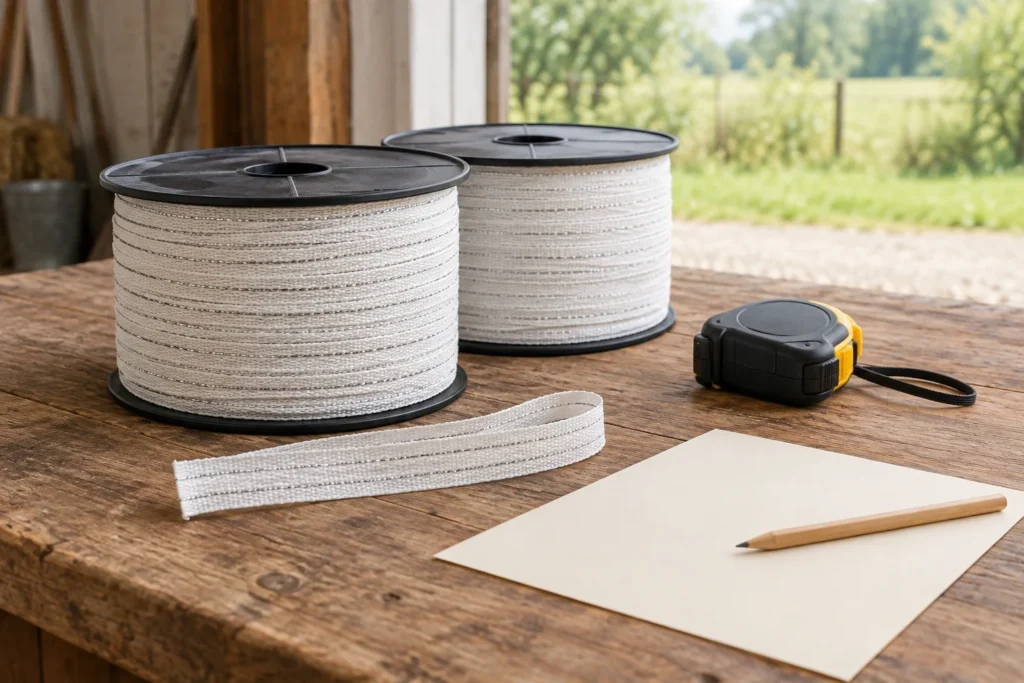 Zwei Rollen weißes Elektrozaunband mit einem losen Stück Band, einem Maßband, einem leeren Blatt Papier und einem Bleistift auf einem Holztisch.