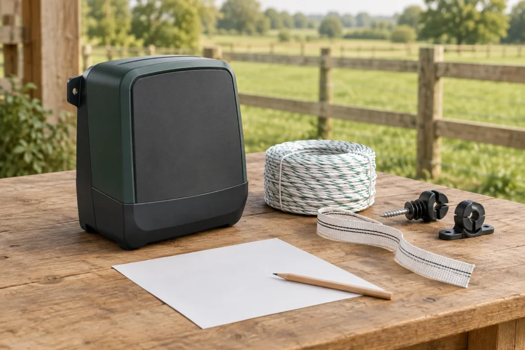 Ein Weidezaungerät ohne Kennzeichnung steht auf einem Holztisch neben einer Rolle Weidezaunlitze, Weidezaunband, Isolatoren, einem leeren Blatt Papier und einem Bleistift. Im Hintergrund steht ein Holzzaun.
