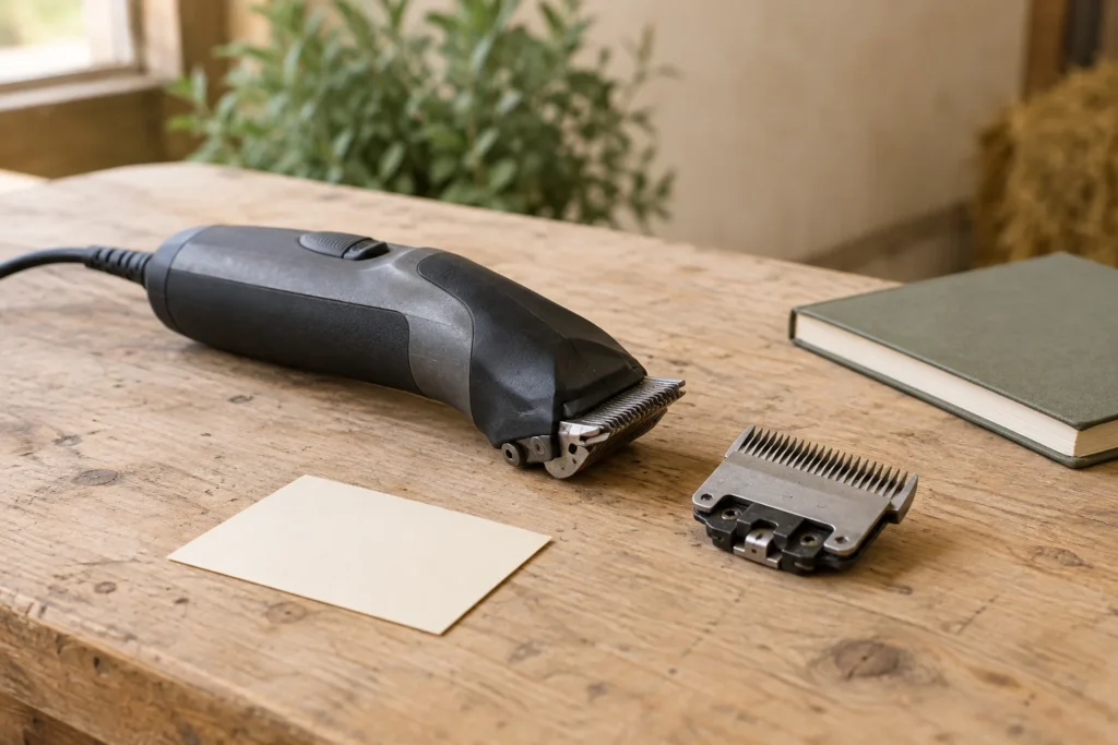 Schermaschine mit angebrachtem Messer und einem losen Schermesser auf einer Werkbank aus Holz, neben einer leeren Karte und einem geschlossenen Notizbuch.