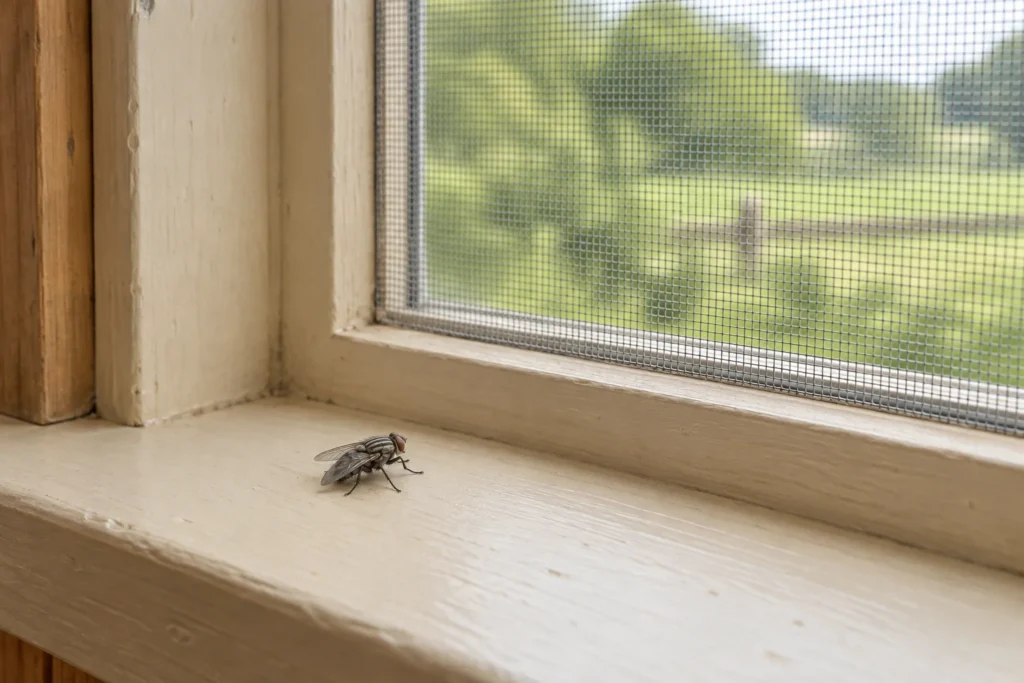 Eine graue Fliege sitzt auf einer hellen Fensterbank aus Holz neben einem Fenster mit Fliegengitter. Draußen ist Grün zu sehen.