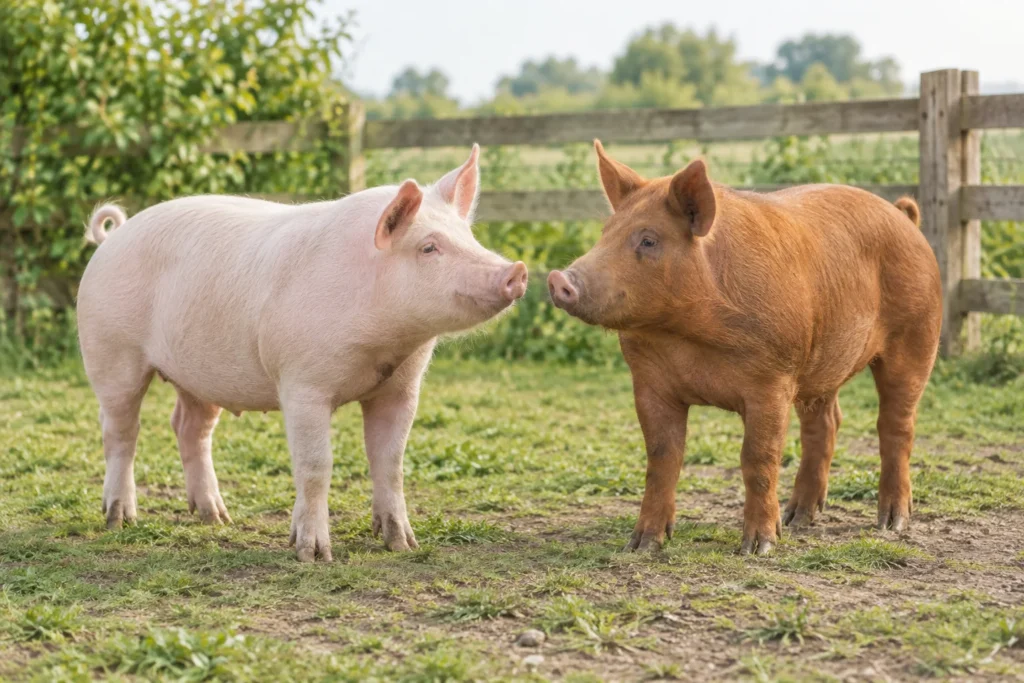 Ein hellrosa und ein rotbraunes Schwein stehen sich in einem umzäunten Außenbereich gegenüber.
