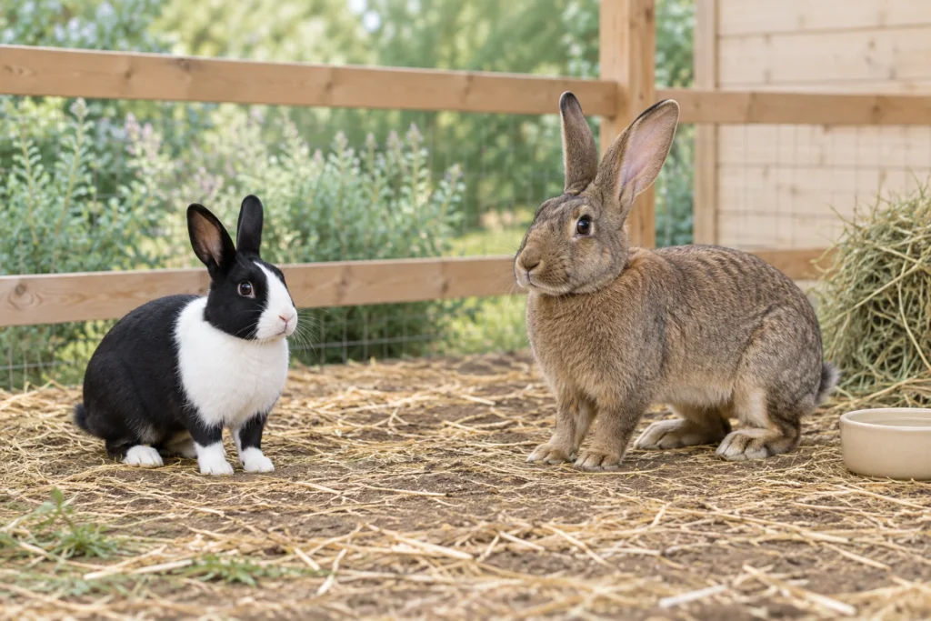 Ein kleines schwarzweißes Kaninchen und ein größeres braunes Kaninchen sitzen zusammen in einem Außengehege. Heu und ein Trinknapf sind zu sehen.