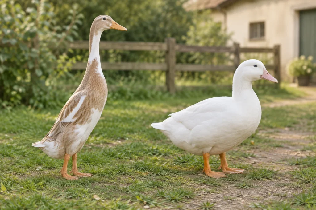 Eine schlanke, aufrecht stehende braunweiße Ente und eine größere weiße Ente mit hellrosa Schnabel stehen nebeneinander auf einem Hof.