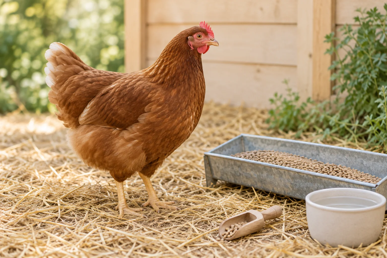 Braunes Huhn auf Stroh neben einem Futtertrog mit Pellets, einer Holzschaufel und einer Tränke.